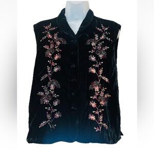Coldwater Creek Women's Black Velvet Vest Artsy Colorful Embroidery Size XL